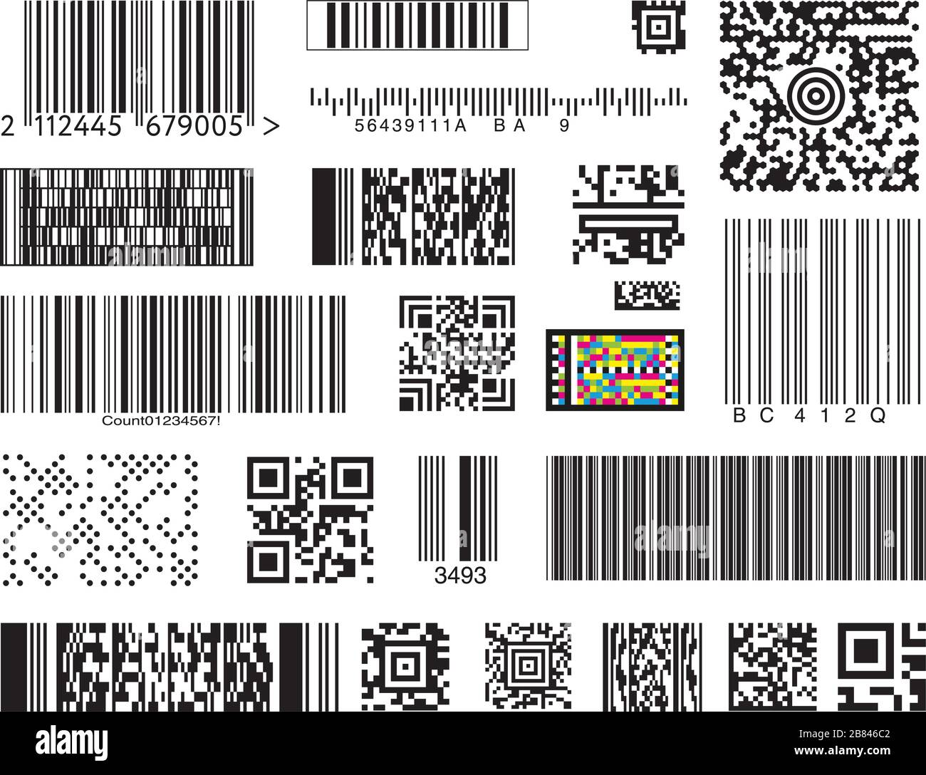 Collection graphique de différents types de codes barres et QR isolés