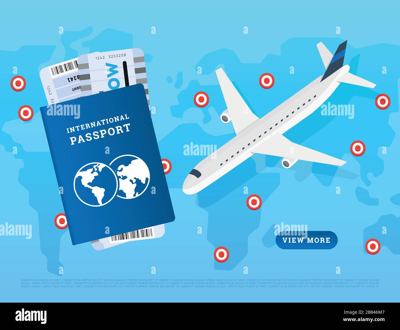 Site Internet créatif montrant passeport international et avion pour les vols internationaux sur fond bleu Illustration de Vecteur