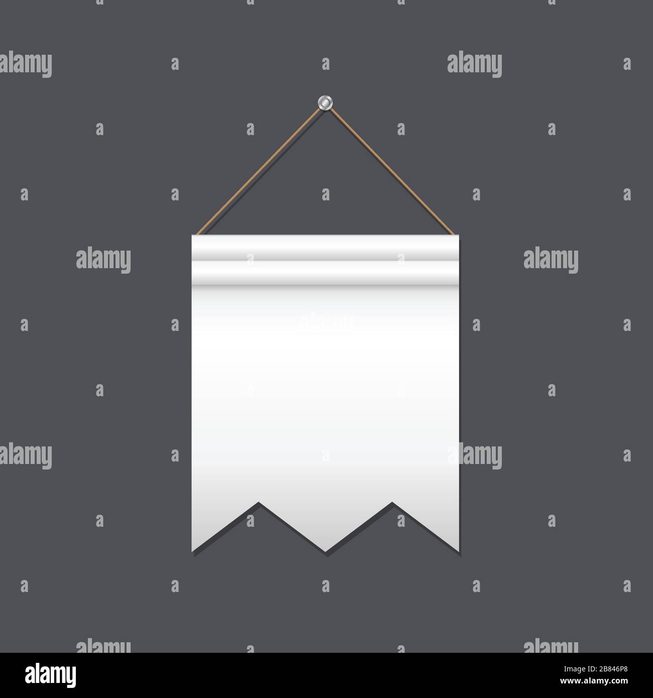 Drapeau blanc vide avec deux coupes en V sur le bord suspendu sur fond gris Illustration de Vecteur