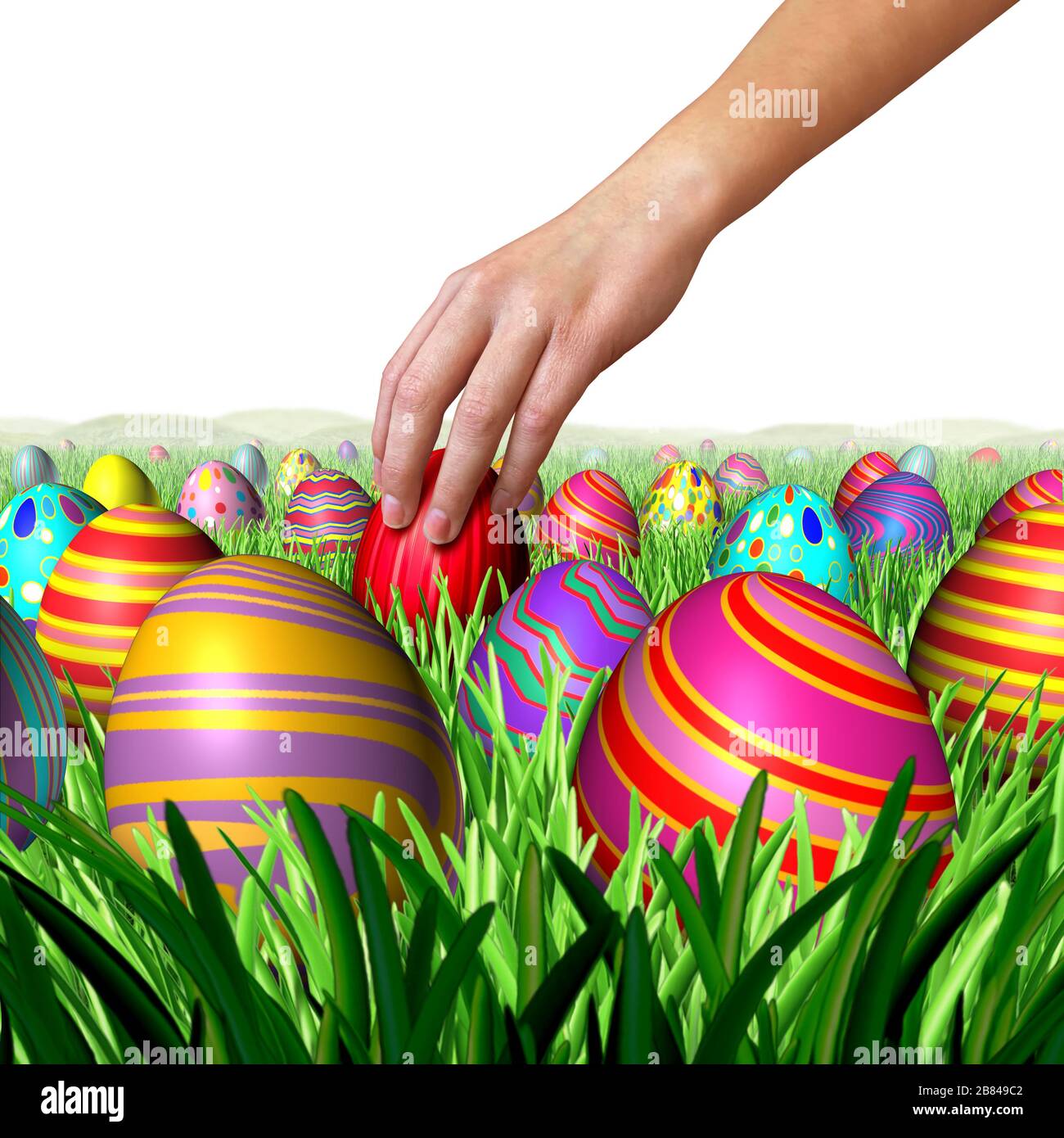 Chasse aux œufs de Pâques avec une main d'enfant qui recueille des œufs de pâques dans une rangée assise sur l'herbe verte comme symbole du printemps et de la décoration de vacances. Banque D'Images