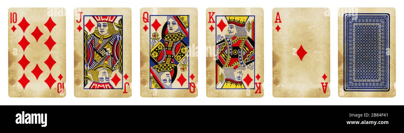 Cartes de jeu Vintage de costume de diamant, ensemble comprenant Ace, Roi, Reine, Jack et dix - isolé sur blanc. Banque D'Images