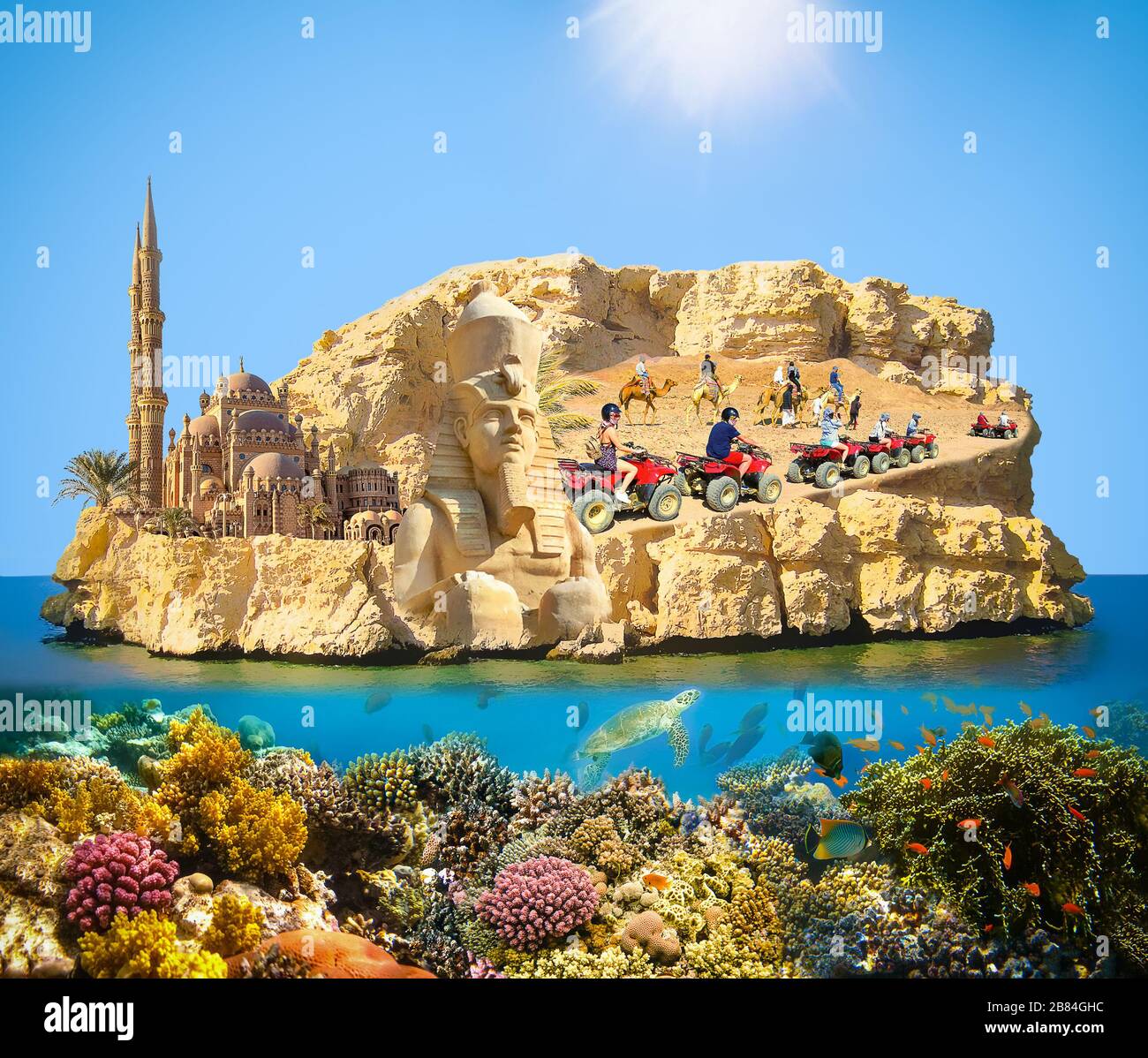 Collage sur Sharm El Sheikh, Egypte avec récif de corail et poissons. Banque D'Images