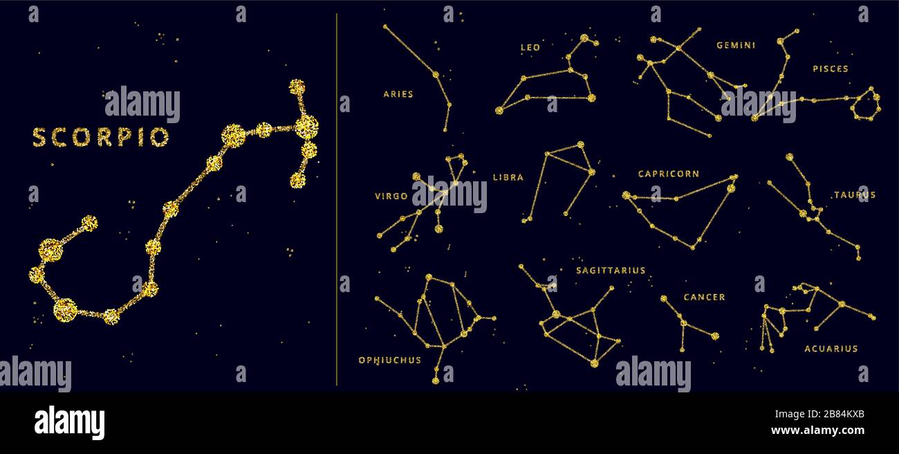 Horoscope vectoriel doré et pailleté, signes et constellation. Zodiaque des signes célestes stylisés comme des lignes brillantes et des points. Cancer, gémeaux et autres Illustration de Vecteur