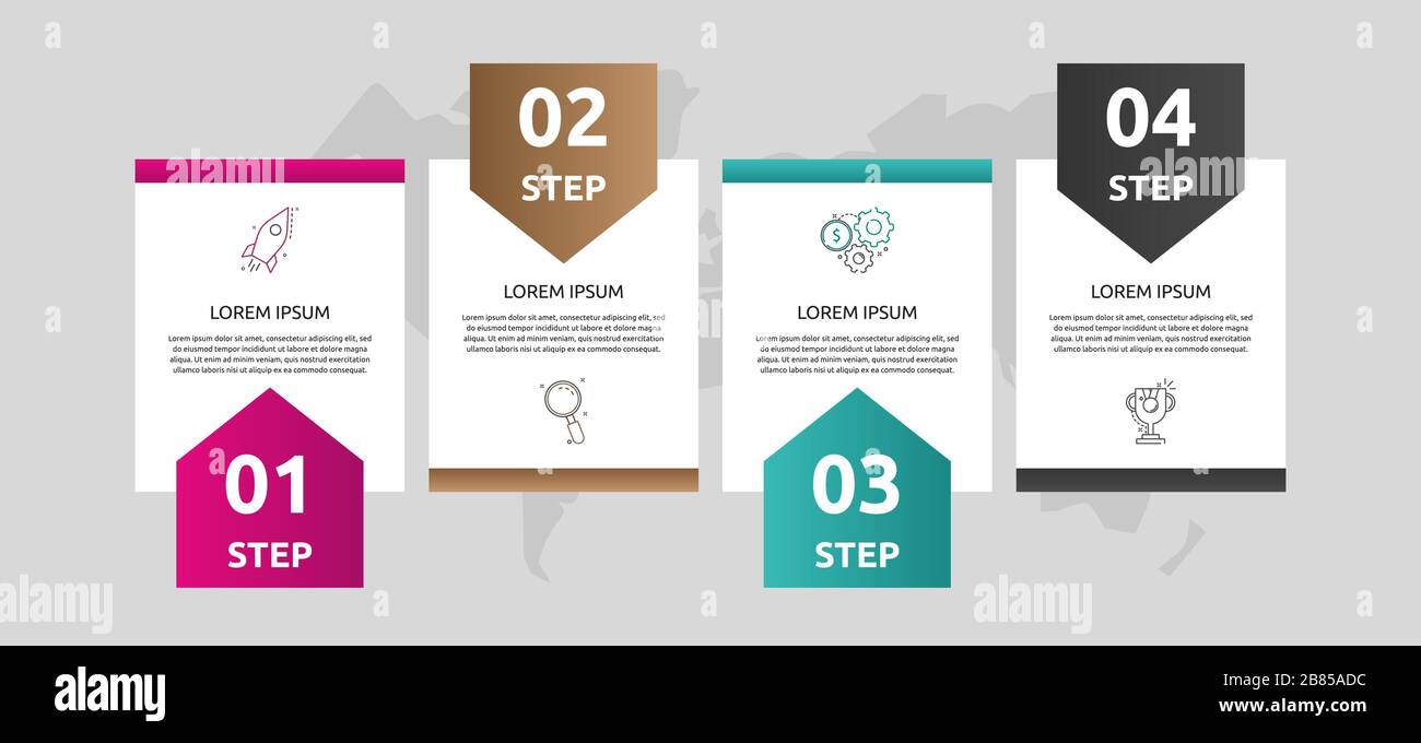 Infographie de forme de modèle vectoriel. Concept commercial avec 4 flèches et étiquettes. Quatre étapes pour le contenu, l'organigramme, la chronologie, les niveaux Illustration de Vecteur