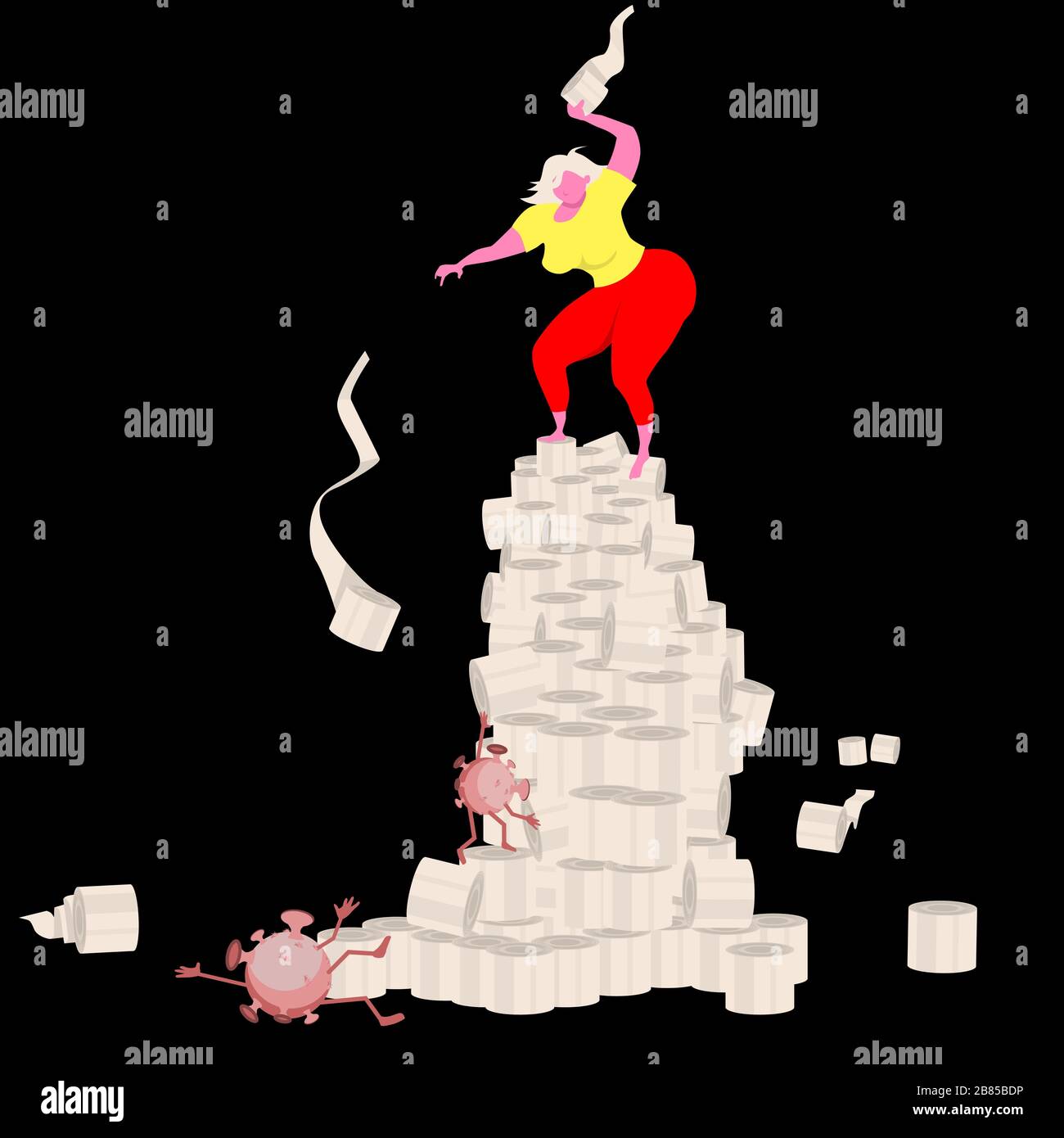 La victoire est la nôtre! Une fille debout sur une tour de rouleaux de papier de toilette combat un coronavirus monter. Concept humoristique de personnage de dessin animé. Vecteur il Illustration de Vecteur