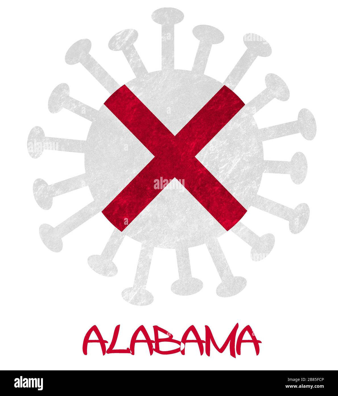 Drapeau d'État de l'Alabama avec virus ou bactéries corona - isolé sur blanc Banque D'Images