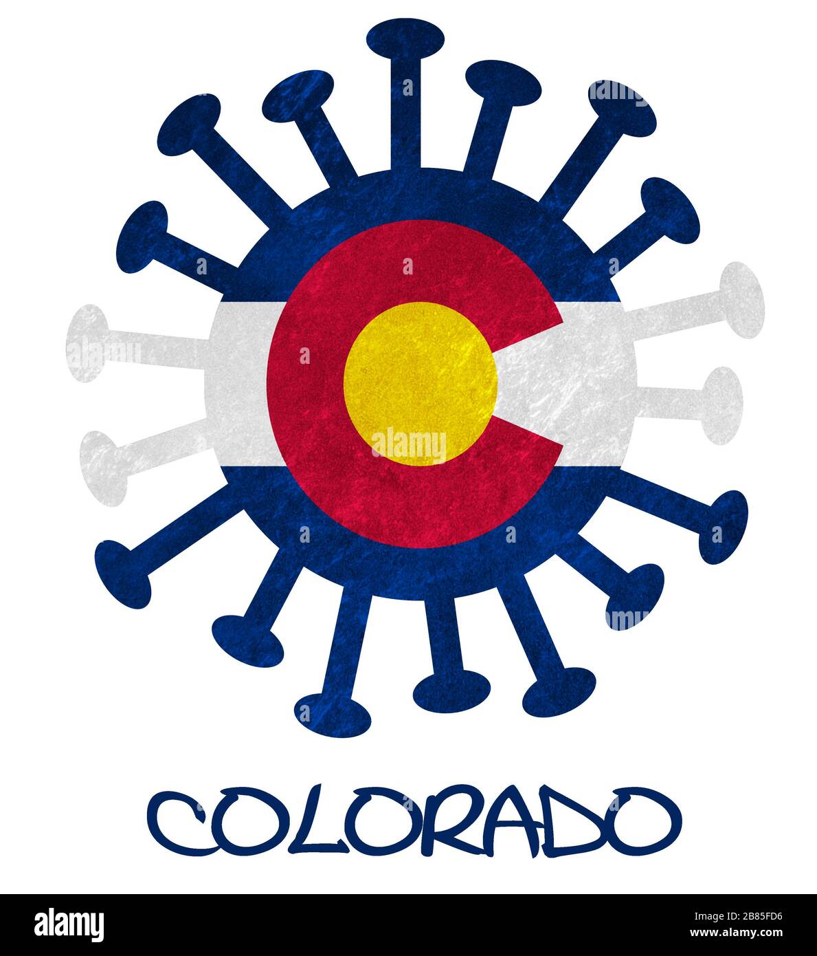 Drapeau d'État du Colorado avec virus ou bactéries corona - isolé sur blanc Banque D'Images