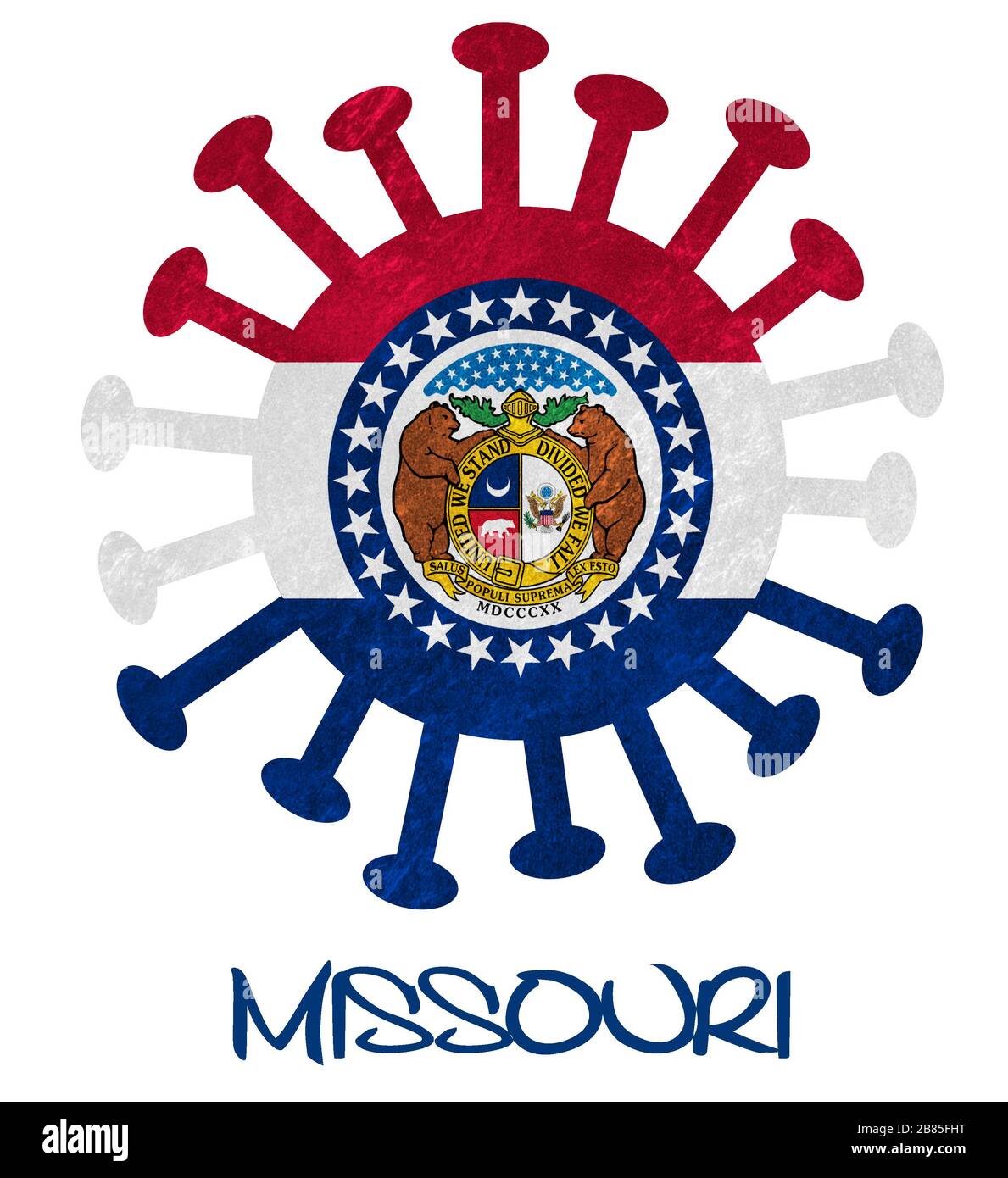 Drapeau d'État du Missouri avec virus ou bactéries corona - isolé sur blanc Banque D'Images