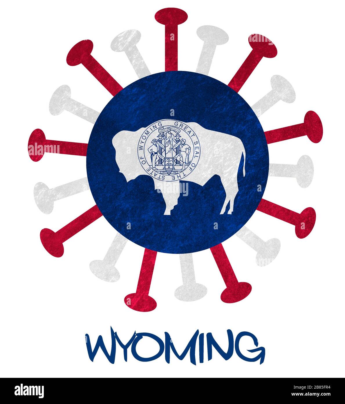 Drapeau d'État du Wyoming avec virus ou bactéries corona - isolé sur blanc Banque D'Images