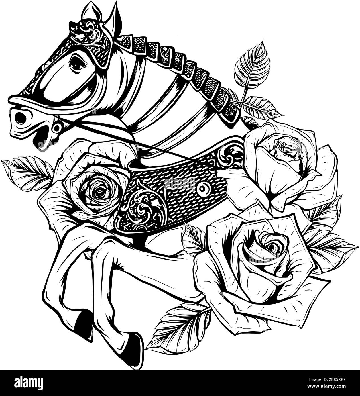 Beau cheval avec des roses. Illustration vectorielle dessinée Illustration de Vecteur