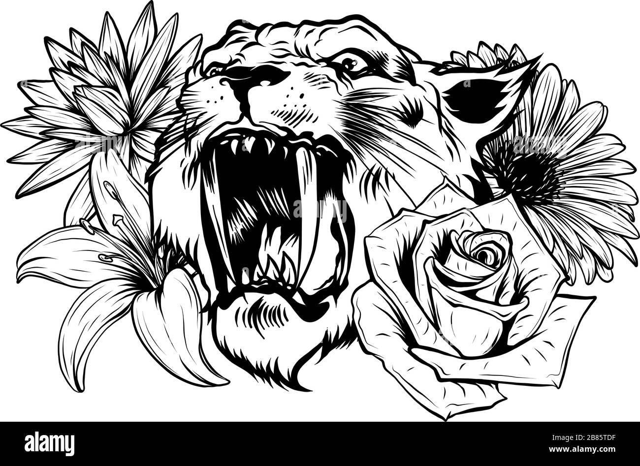 la face d'un tigre dans les feuilles de plantes tropicales dans le cercle, esquisse vecteur graphique illustration de couleur Illustration de Vecteur