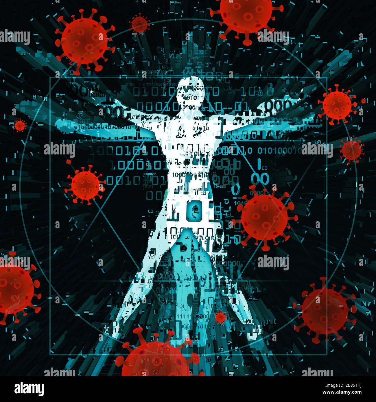 Vitruvian homme d'âge moderne, victime de la pandémie de coronavirus. Illustration de l'homme de vitruvian avec des nombres numériques et des symboles de coronavirus. Banque D'Images