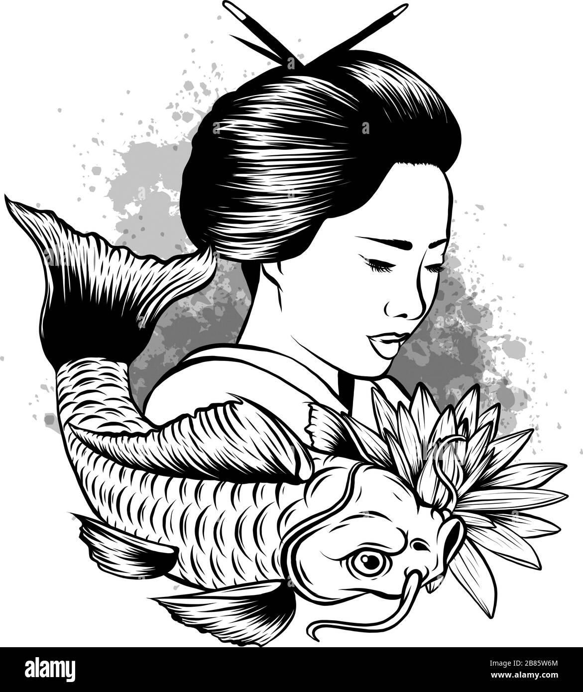 Poisson koï dessiné à la main avec tatouage de fleurs pour ARM.Carpe Koi Coloré avec éclaboussures d'eau Illustration de Vecteur