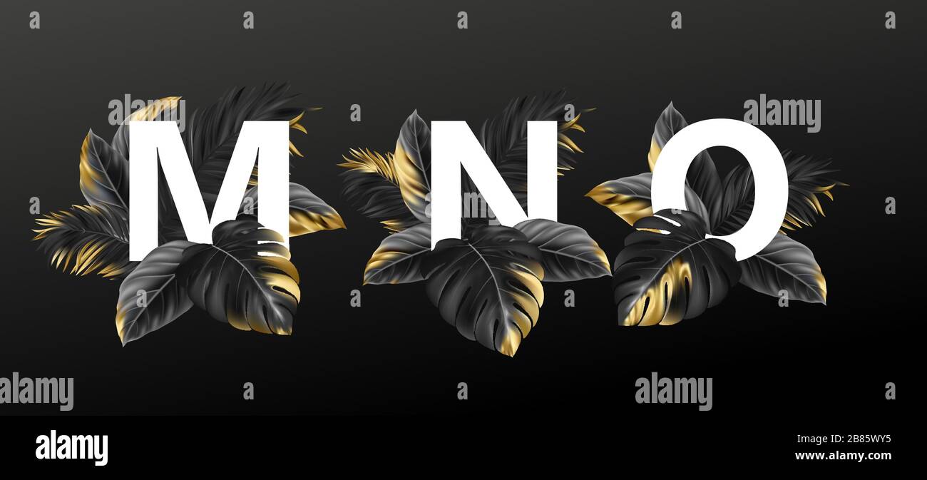 Lettres alphabétiques en noir avec feuilles exotiques dorées de plantes. Concept de design luxueux pour la publicité, les livrets, les affiches, les dépliants. Vecteur Illustration de Vecteur