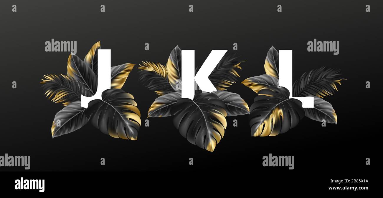 Lettres alphabétiques en noir avec feuilles exotiques dorées de plantes. Concept de design luxueux pour la publicité, les livrets, les affiches, les dépliants. Vecteur Illustration de Vecteur