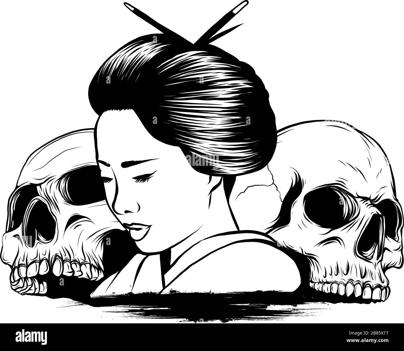 Illustration vectorielle du crâne de geisha avec un style vintage de tatouage et des mots kanji traditionnels japonais signifie force Illustration de Vecteur