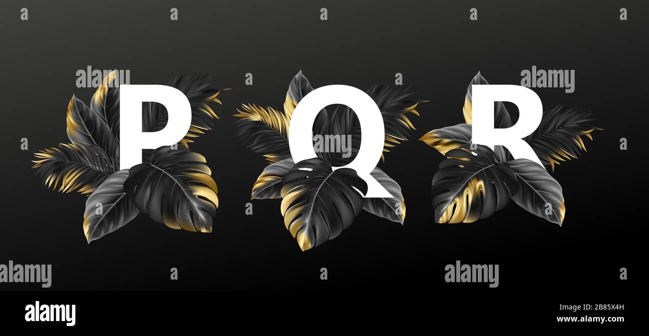 Lettres alphabétiques en noir avec feuilles exotiques dorées de plantes. Concept de design luxueux pour la publicité, les livrets, les affiches, les dépliants. Vecteur Illustration de Vecteur