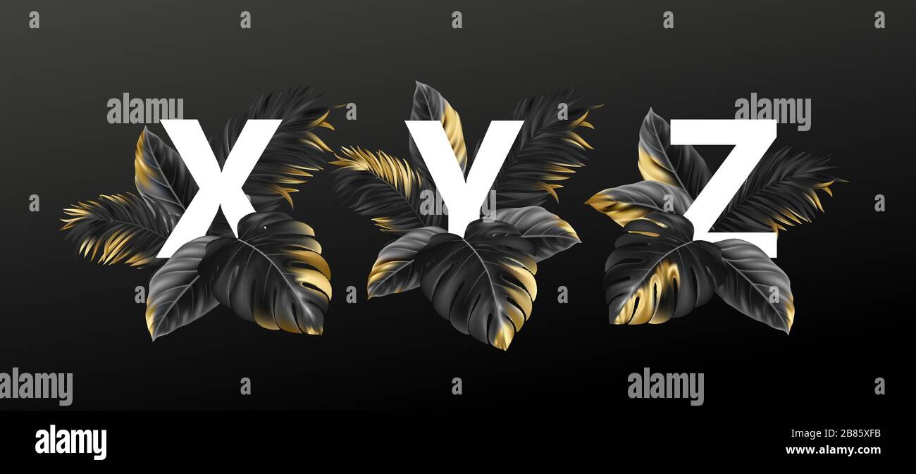 Lettres alphabétiques en noir avec feuilles exotiques dorées de plantes. Concept de design luxueux pour la publicité, les livrets, les affiches, les dépliants. Vecteur Illustration de Vecteur