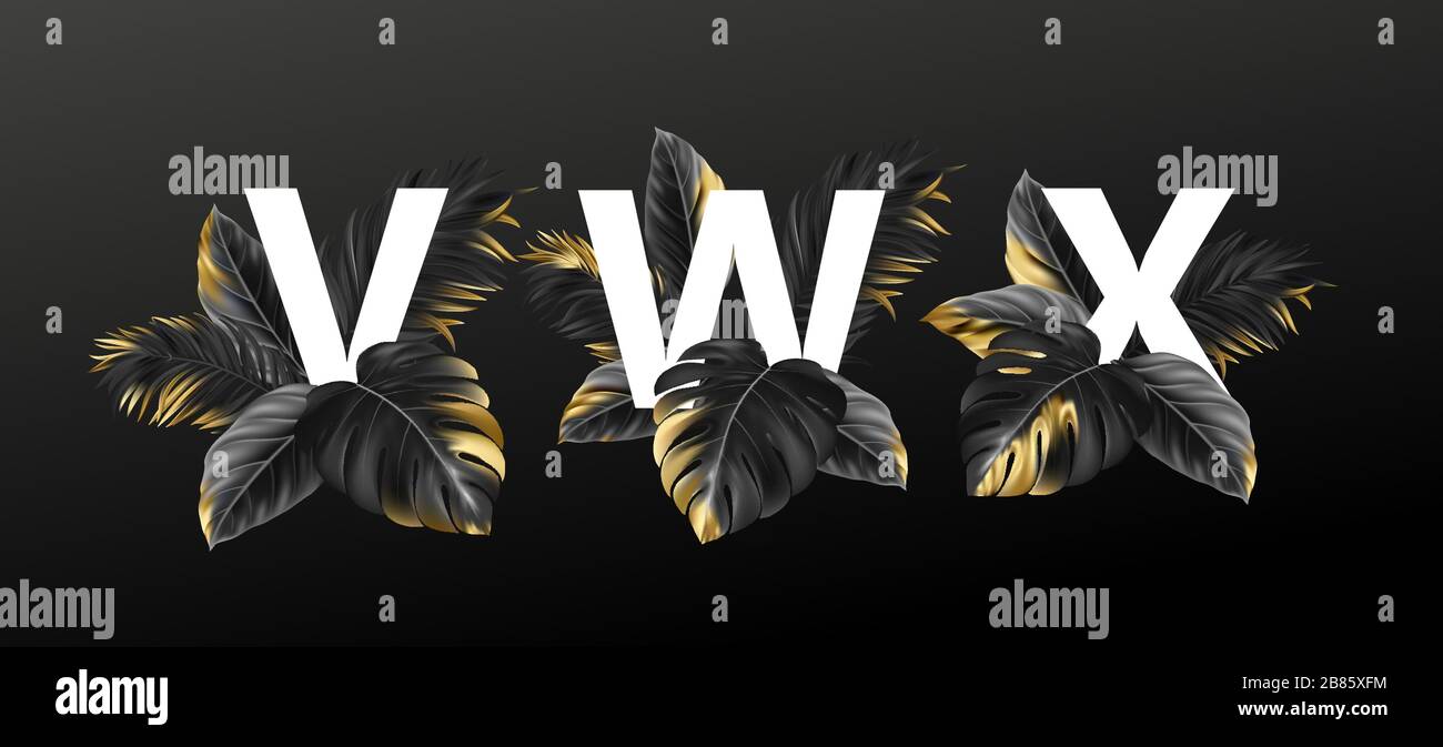 Lettres alphabétiques en noir avec feuilles exotiques dorées de plantes. Concept de design luxueux pour la publicité, les livrets, les affiches, les dépliants. Vecteur Illustration de Vecteur