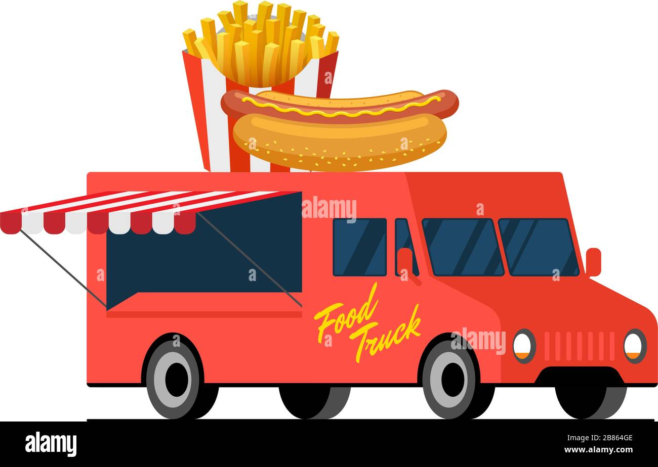 Camion rouge de restauration rapide. Hot dog et frites sur le toit de la camionnette. Pommes de terre croustillantes frites et petits pains avec livraison de saucisses ou festival sur les roues de cuisine de rue illustration vectorielle plate Illustration de Vecteur