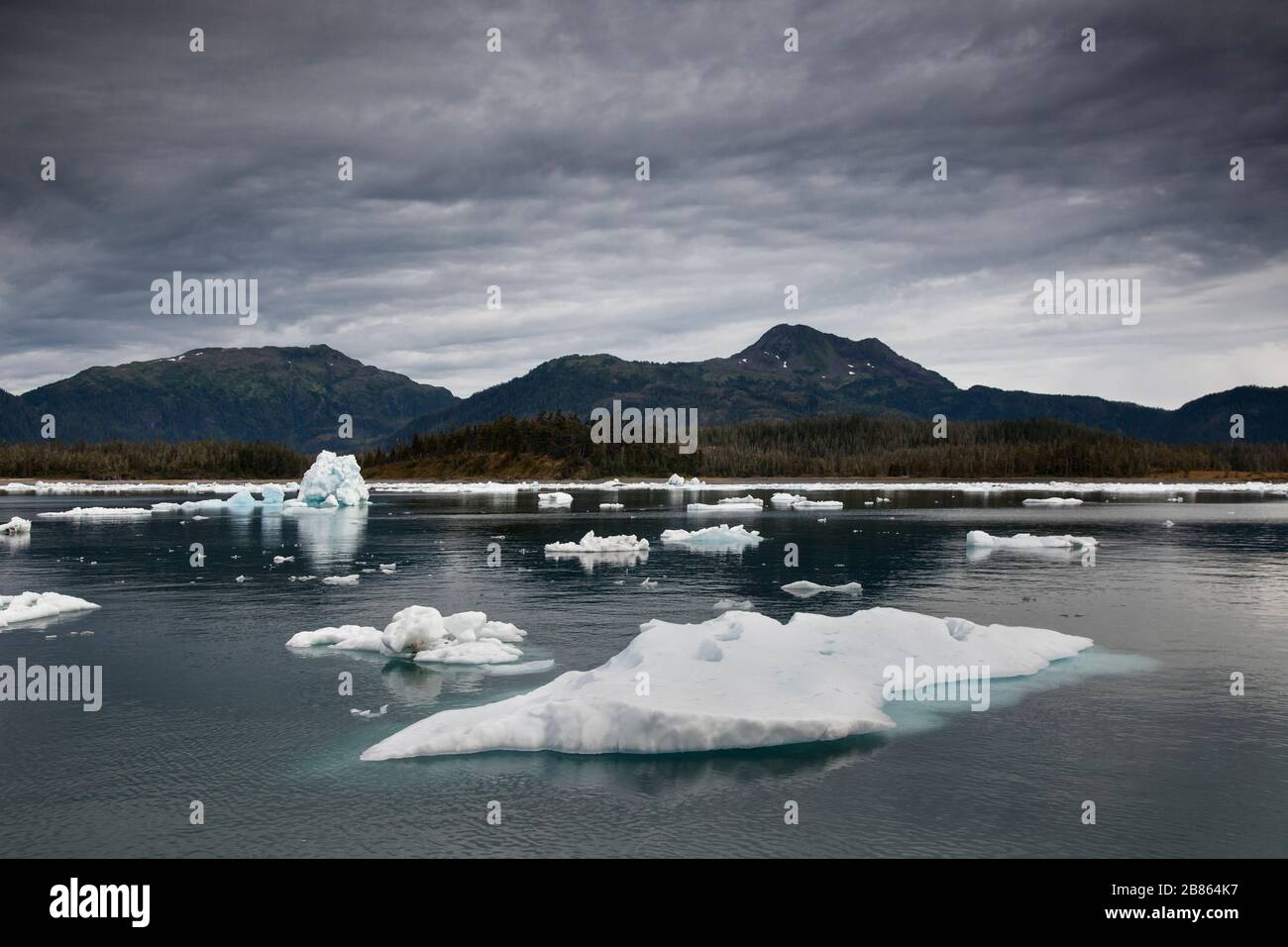 Vue panoramique sur quelques pâtés de maisons de glace du glacier Columbia flottant sur le détroit, le Prince William Sound, en Alaska Banque D'Images