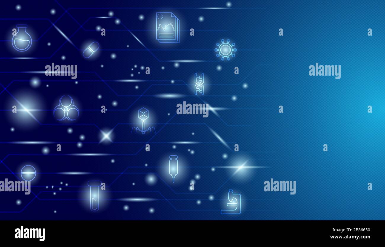 Fond bleu à gradient radial avec science brillante et icône médicale et effet brillant. Décor futuriste. Illustration de Vecteur