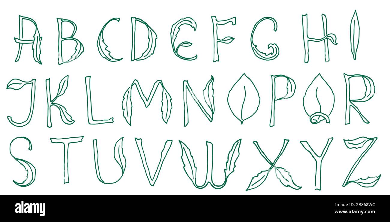 Police avec feuilles, style naturel, lettres. Motif alphabet pour l'éco-nourriture, végétarien, paquet de vitamines, vecteur. Illustration de Vecteur