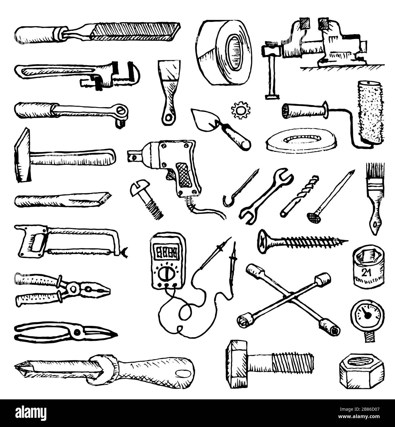 Photos de style Doodle de plomberie et d'outils à la maison pour réparer et réparer la voiture. Dessin noir blanc. Illustration de Vecteur