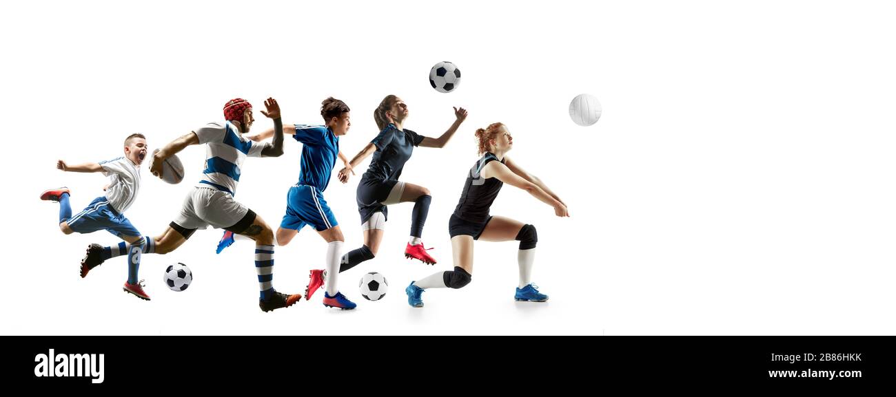 Jeunes sportifs qui courir et sauter sur fond de studio blanc. Concept de sport, mouvement, énergie et dynamique, mode de vie sain. Entraînement, entraînement en mouvement. Brochure. Volley-ball, football, rugby. Banque D'Images