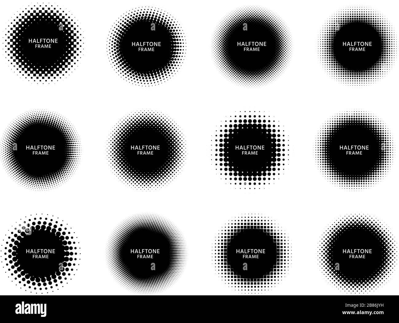Cadres demi-tons ronds. Les cercles noirs avec la texture en pointillés, le gradient de points et les formes de cercles libeller le vecteur de cadre Illustration de Vecteur