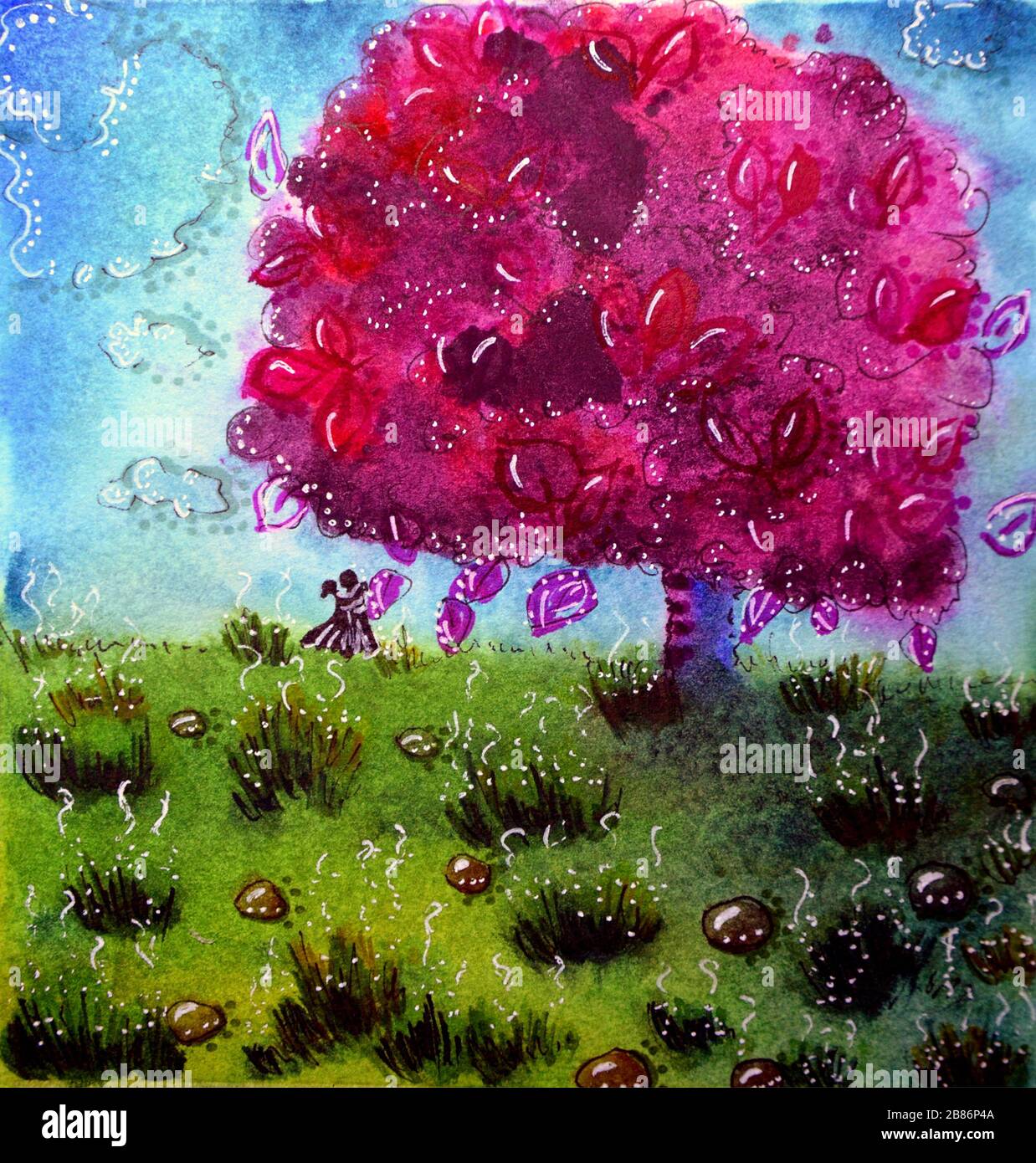 Arbre violet cerisier fleuri avec herbe verte avec couple. Paysage printanier. Illustration dessinée à la main en aquarelle. Banque D'Images