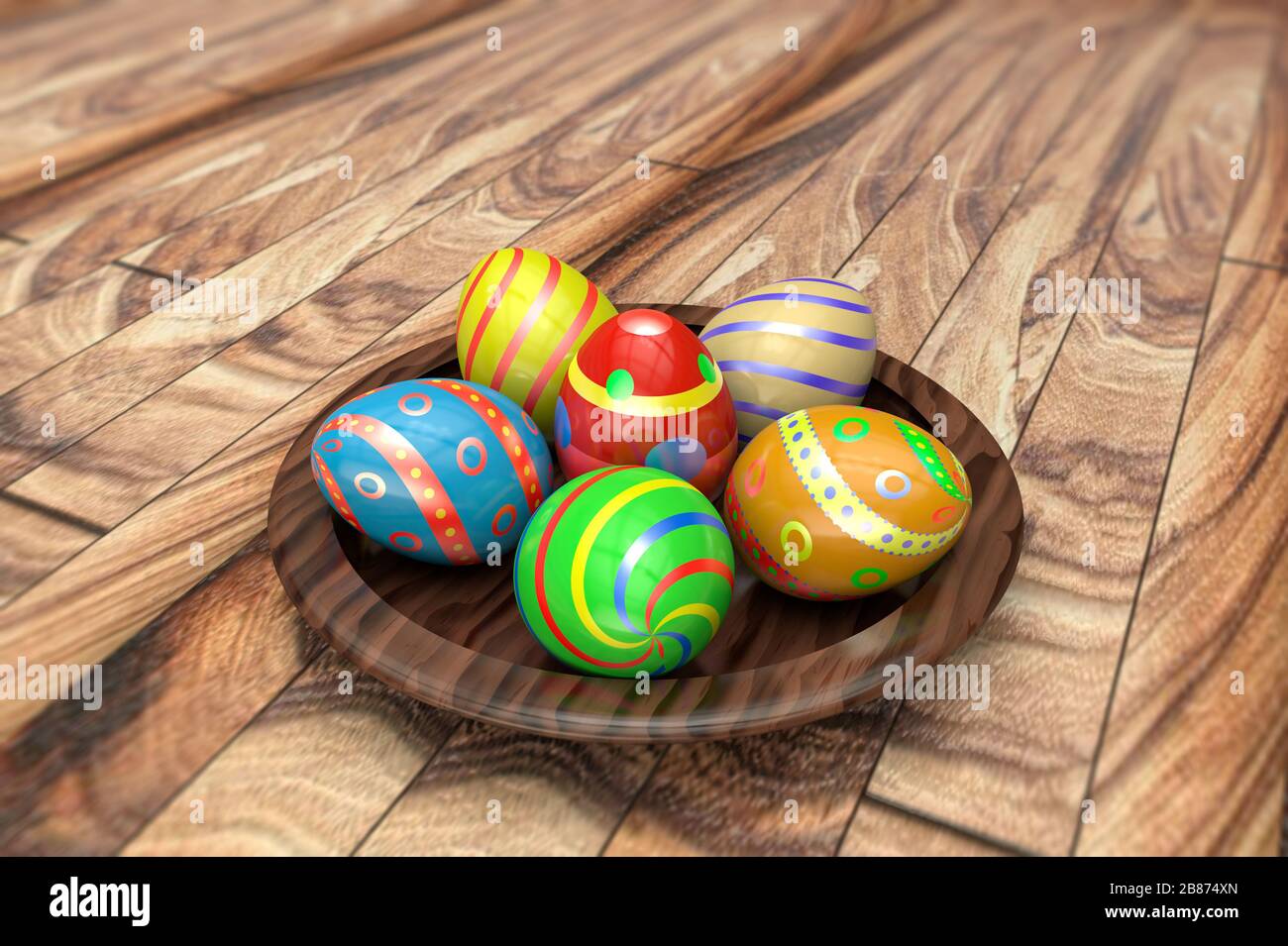 illustration tridimensionnelle d'œufs de pâques multicolores sur une plaque en bois et un parquet Banque D'Images