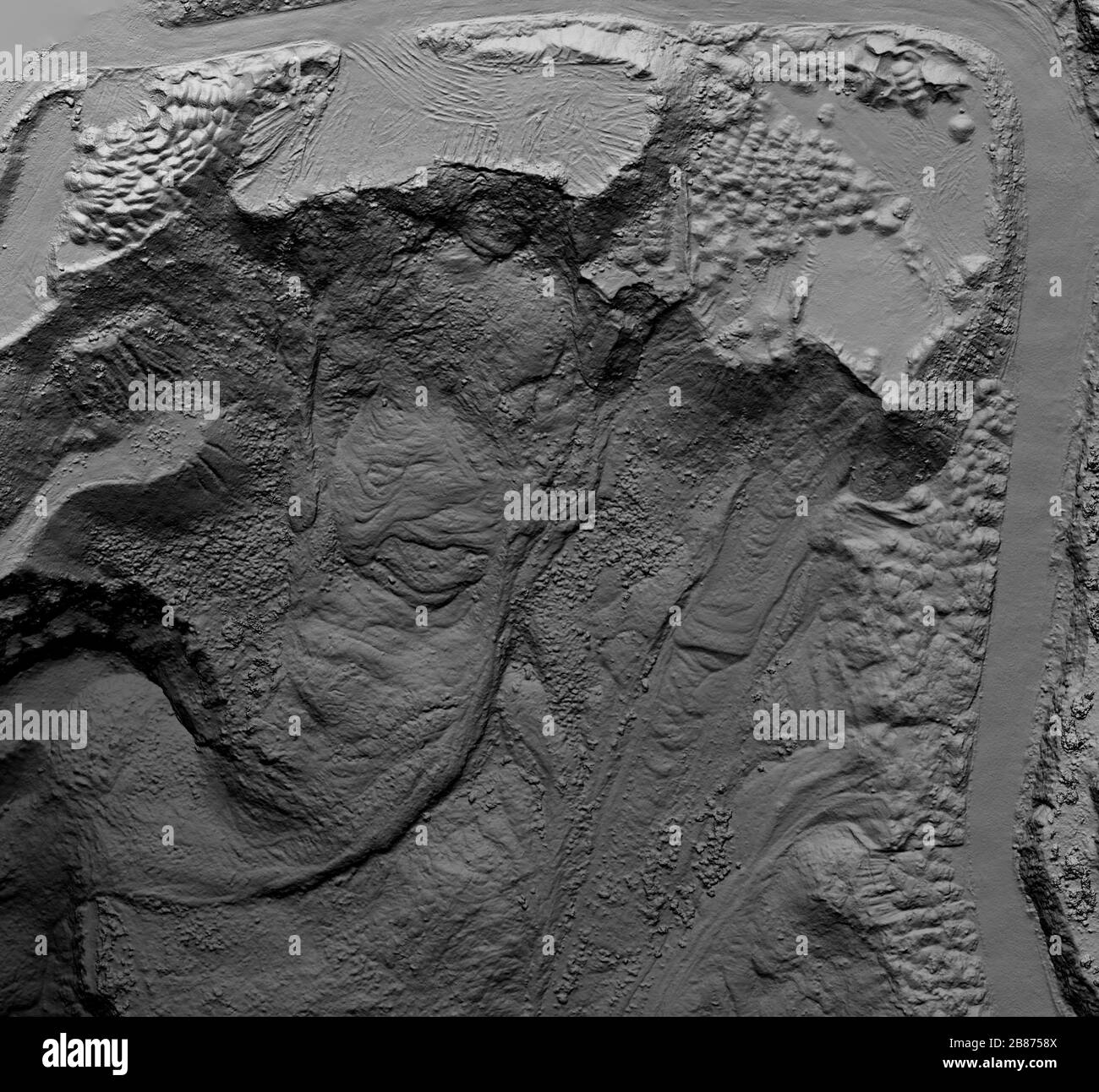 DEM - modèle numérique d'élévation. Produit SIG fabriqué après avoir surveillé des photos prises à partir d'un drone. Il montre le site d'excavation avec des parois rocheuses abruptes Banque D'Images