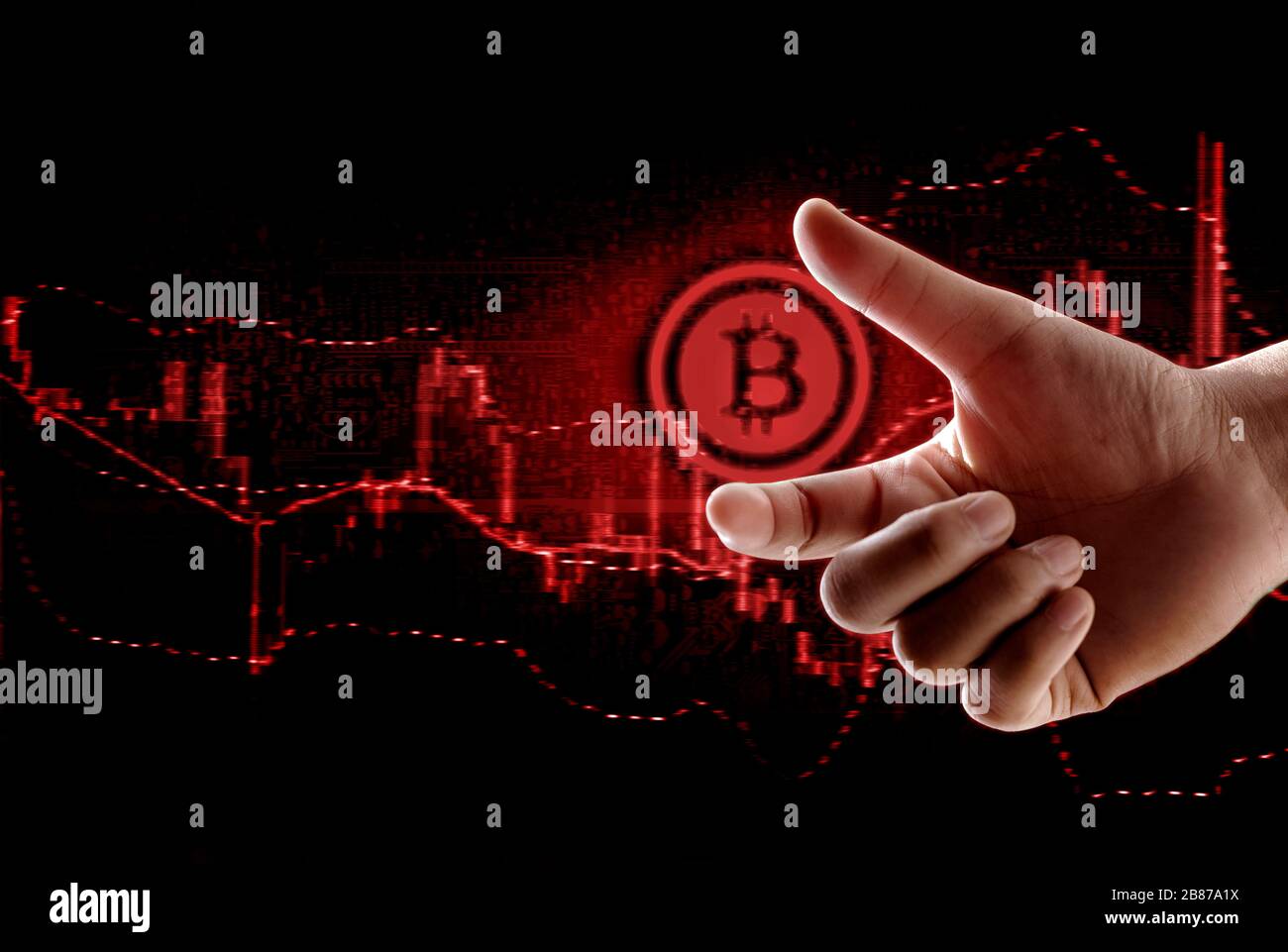 pointe doigt touche rouge bitcoin symbole sur flou bougie stock concept de marché Banque D'Images