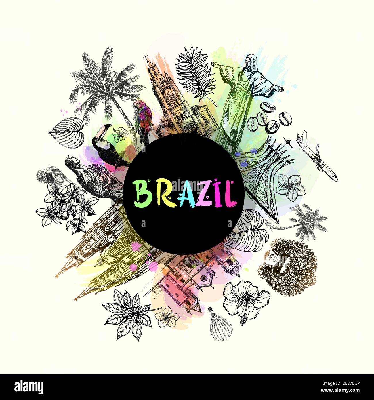 Composition par carte d'affiche d'objets dessinés à la main style d'esquisse Brésil isolés sur fond blanc. Illustration vectorielle. Illustration de Vecteur