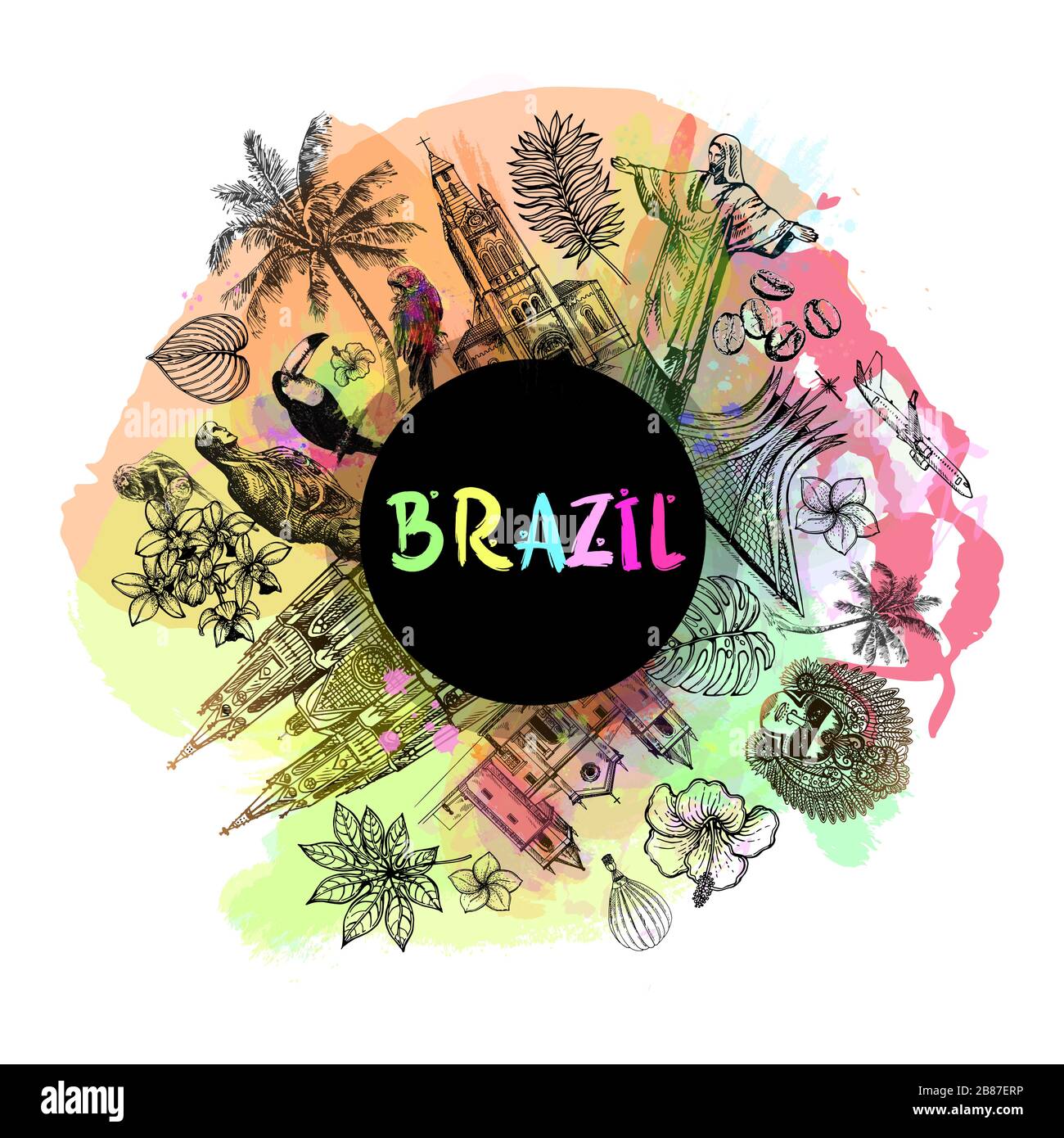 Composition par carte d'affiche d'objets dessinés à la main style d'esquisse Brésil isolés sur fond blanc. Illustration vectorielle. Illustration de Vecteur