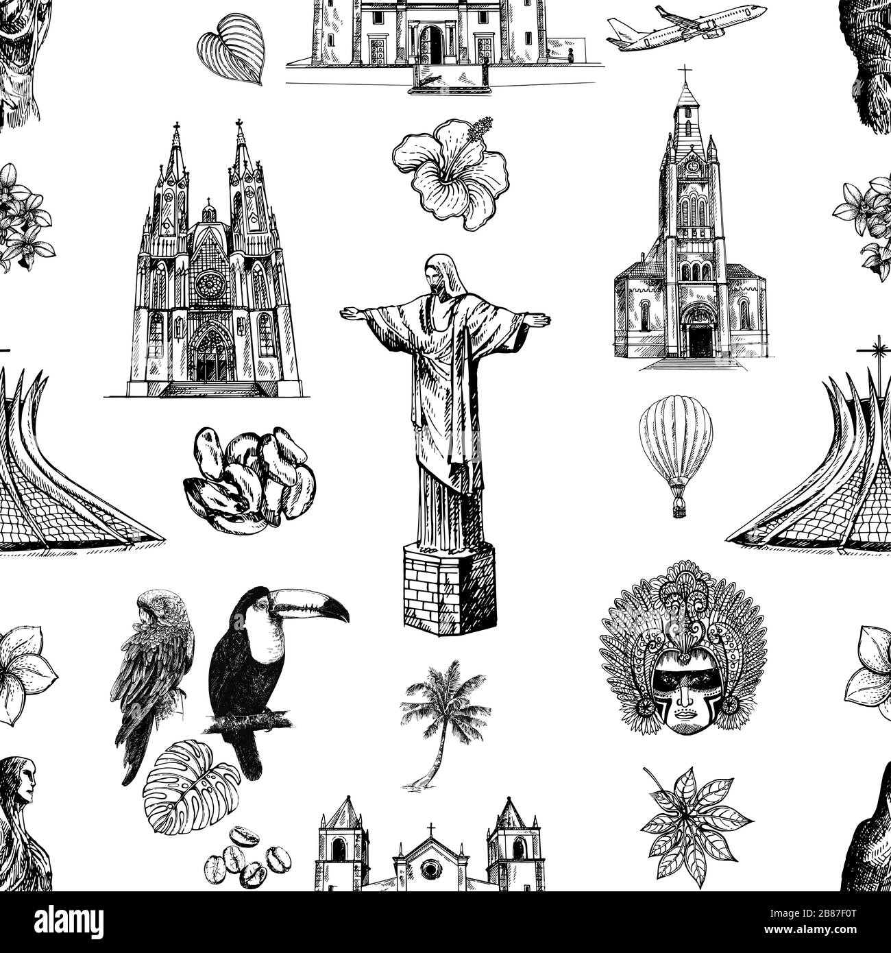 Modèle transparent de style d'esquisse dessiné à la main objets liés au Brésil isolés sur fond blanc. Illustration vectorielle. Illustration de Vecteur