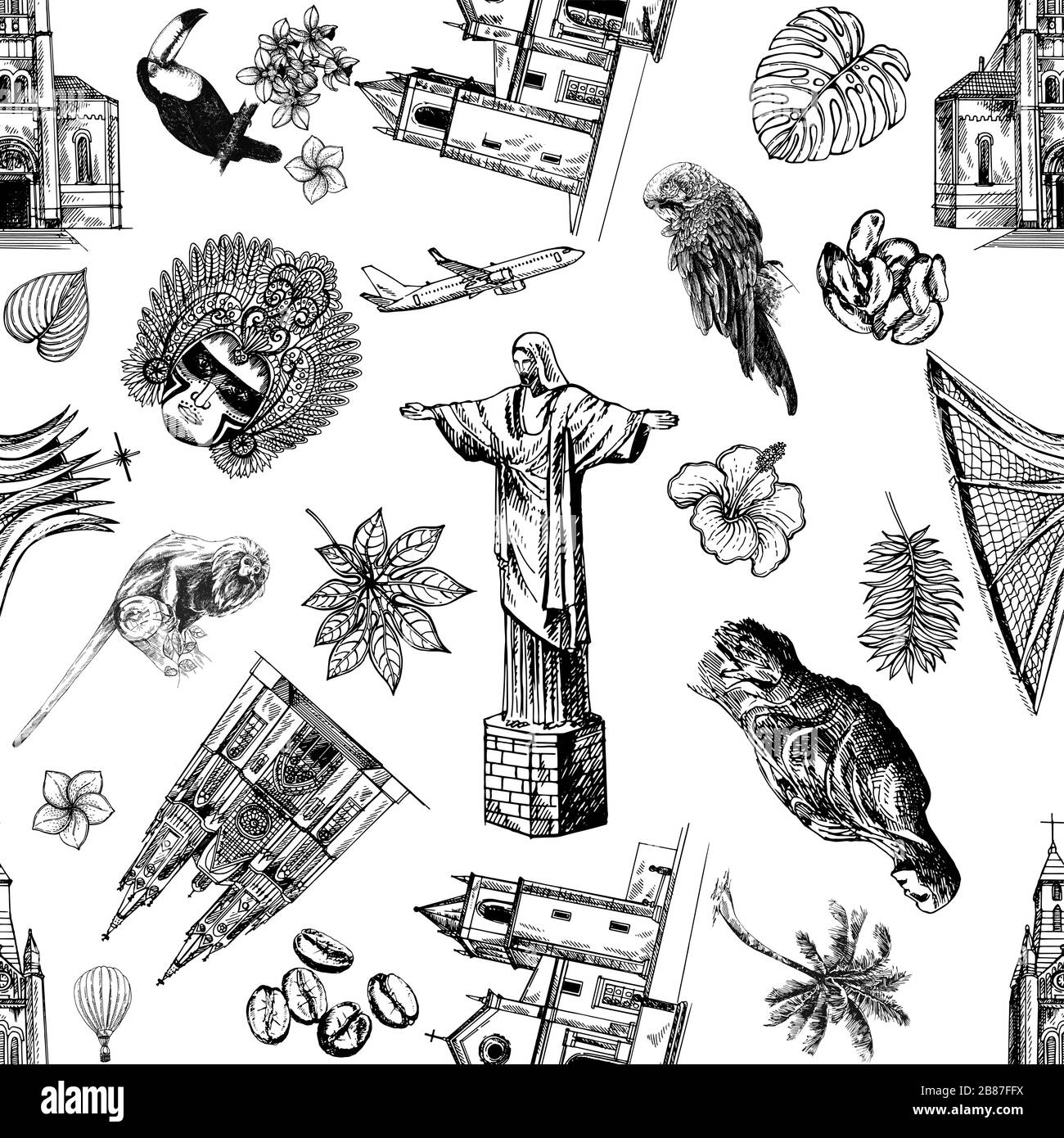 Modèle transparent de style d'esquisse dessiné à la main objets liés au Brésil isolés sur fond blanc. Illustration vectorielle. Illustration de Vecteur