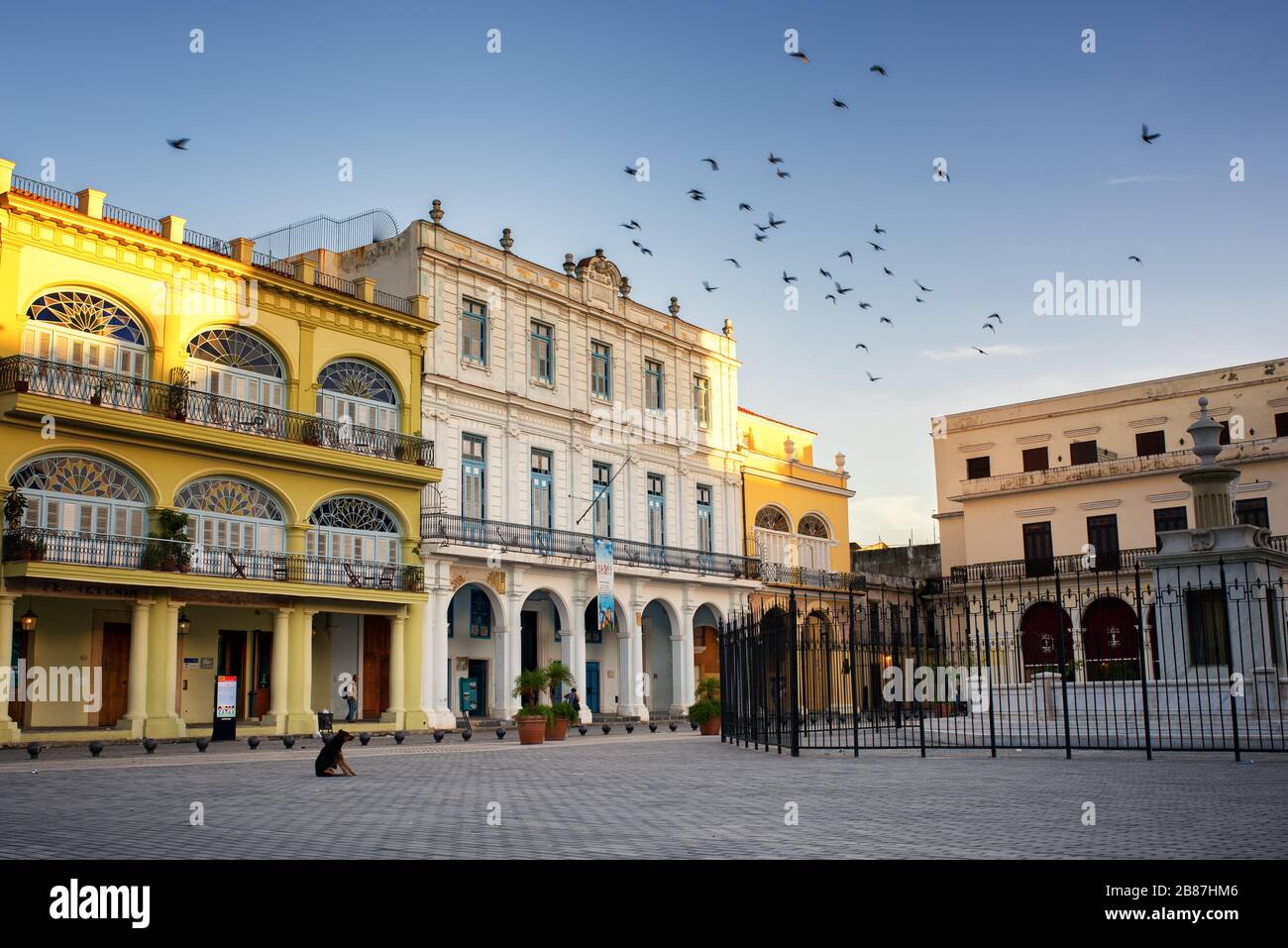 Vue tôt le matin sur la Plaza Vieja, la vieille Havane, Cuba. Bel exemple d'architecture coloniale. Banque D'Images