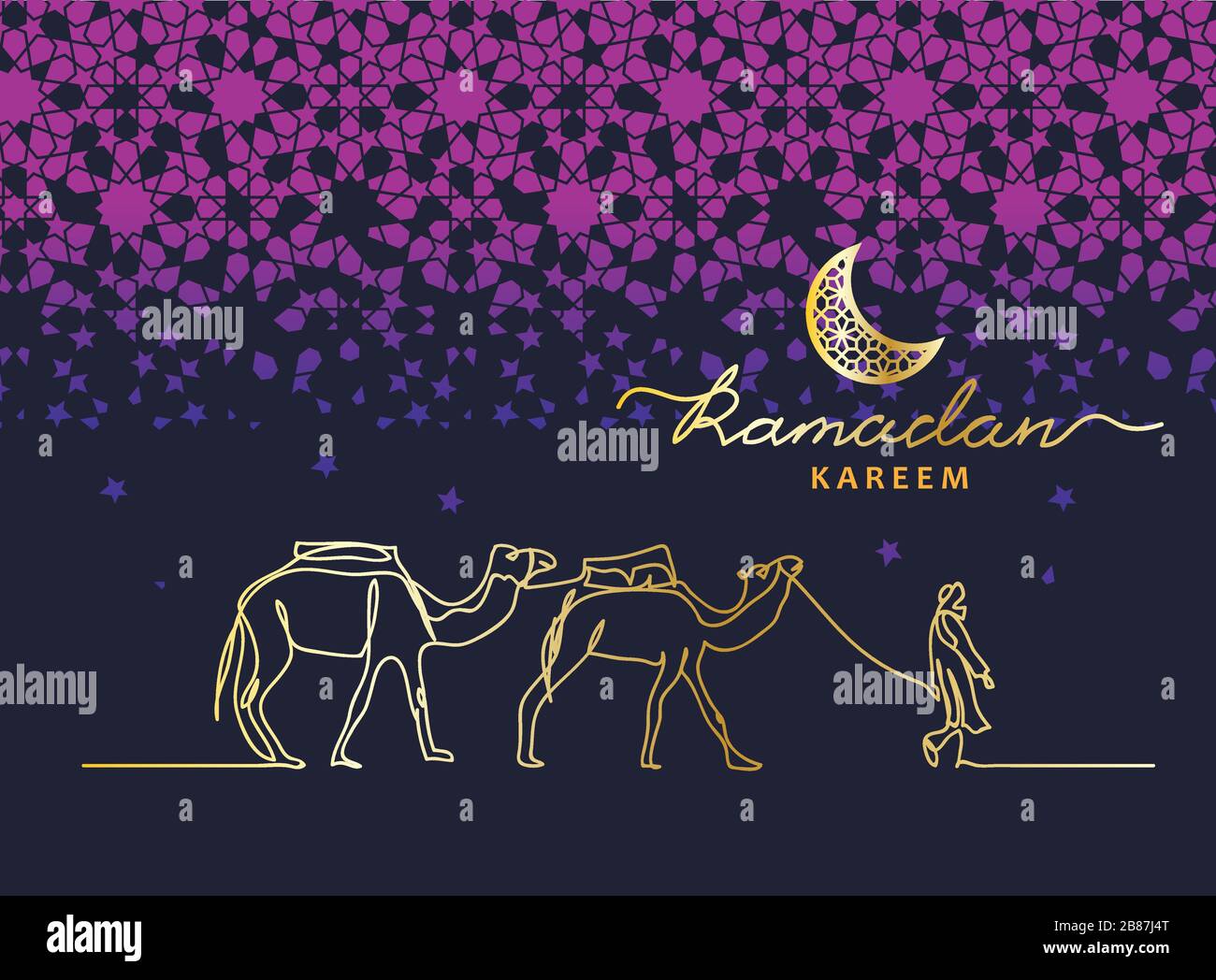 Carte vecteur de nuit Ramadan kareem avec caravane à dos de chameau, camecade, étoiles, lune. Illustration de Vecteur