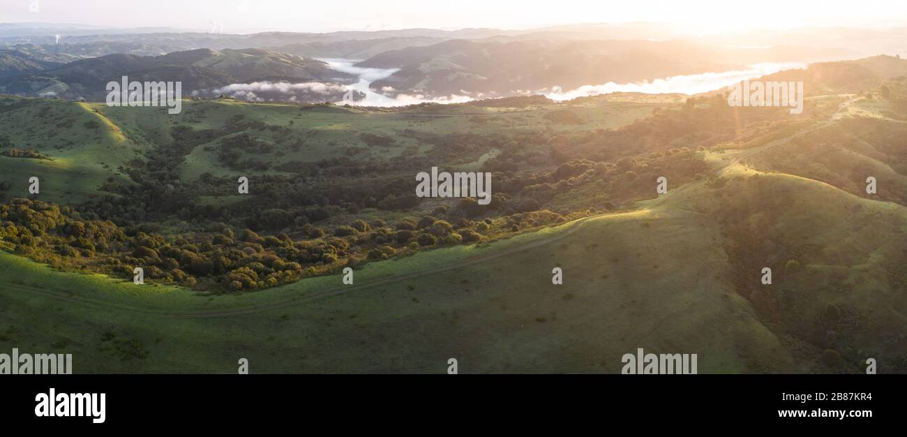 La lumière du soleil du matin brille sur les collines vertes de la baie East Bay dans le nord de la Californie. Cette zone ouverte, à l'est de San Francisco, est verte en hiver. Banque D'Images