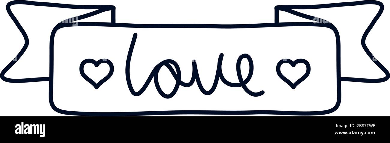 ruban décoratif avec icône de mot d'amour sur fond blanc, concept minimaliste de tatouage, style de ligne, illustration vectorielle Illustration de Vecteur
