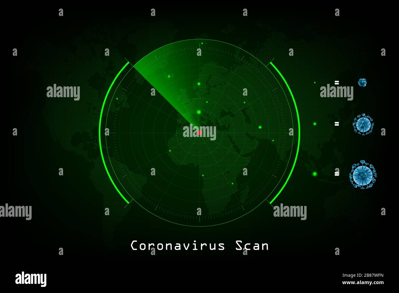 Concept de Coronavirus, le radar vert analyse la région de l'Europe et de l'Afrique pour trouver le type et ou la quantité infectée de Coronavirus (COVID-19). Illustration de Vecteur