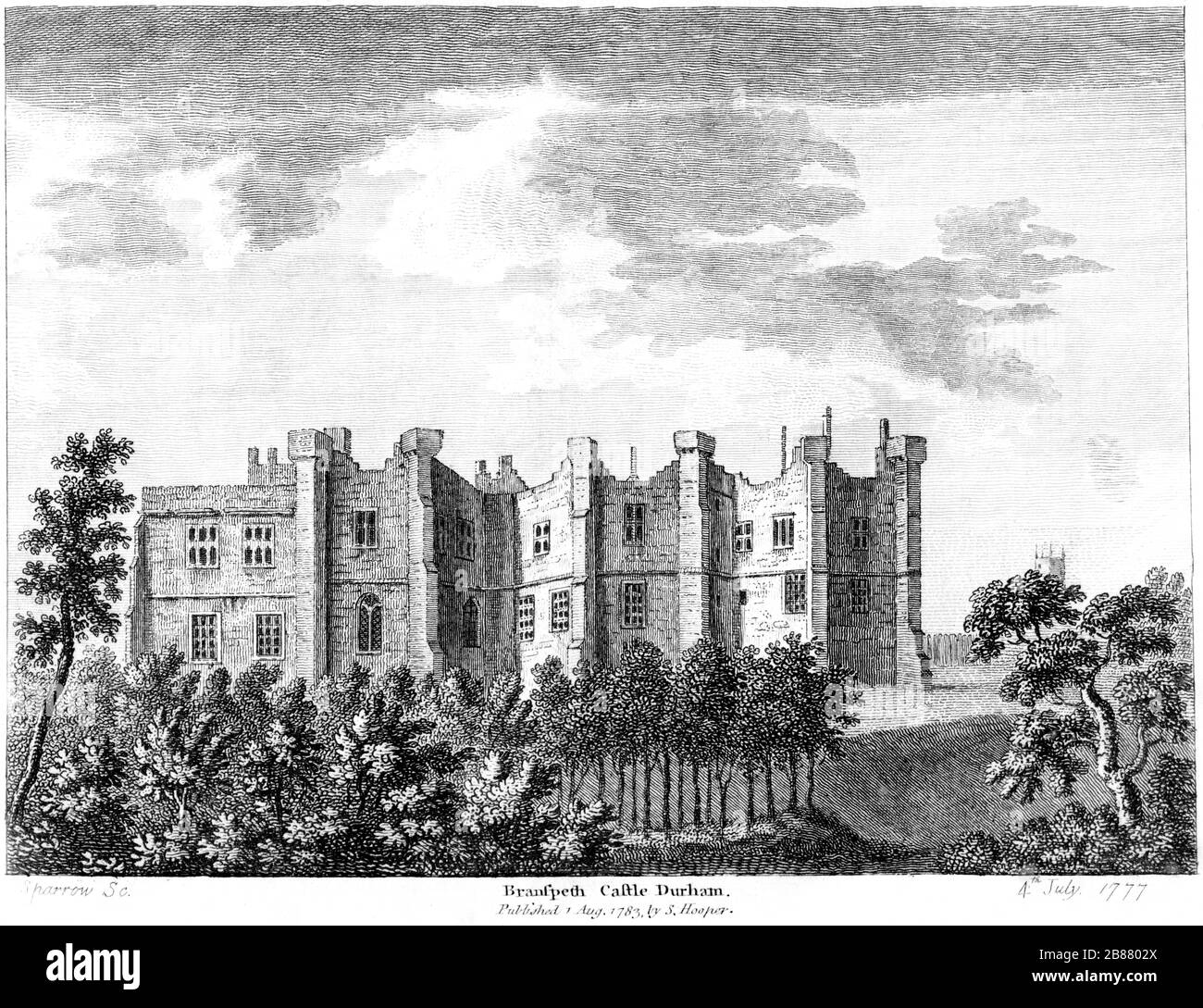 Une gravure du château de Branspeth Durham numérisée à haute résolution à partir d'un livre publié en 1784. Cette image est considérée comme étant libre de tous les droits d'auteur. Banque D'Images