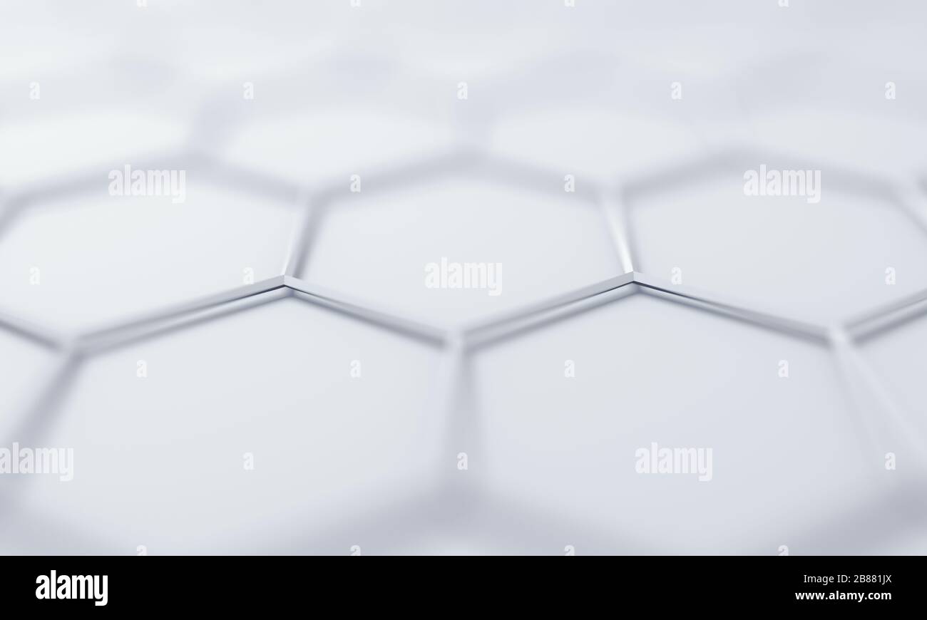 Surface futuriste abstraite avec hexagones, rendu 3d, conception d'arrière-plan Sci-fi avec effet bokeh Banque D'Images