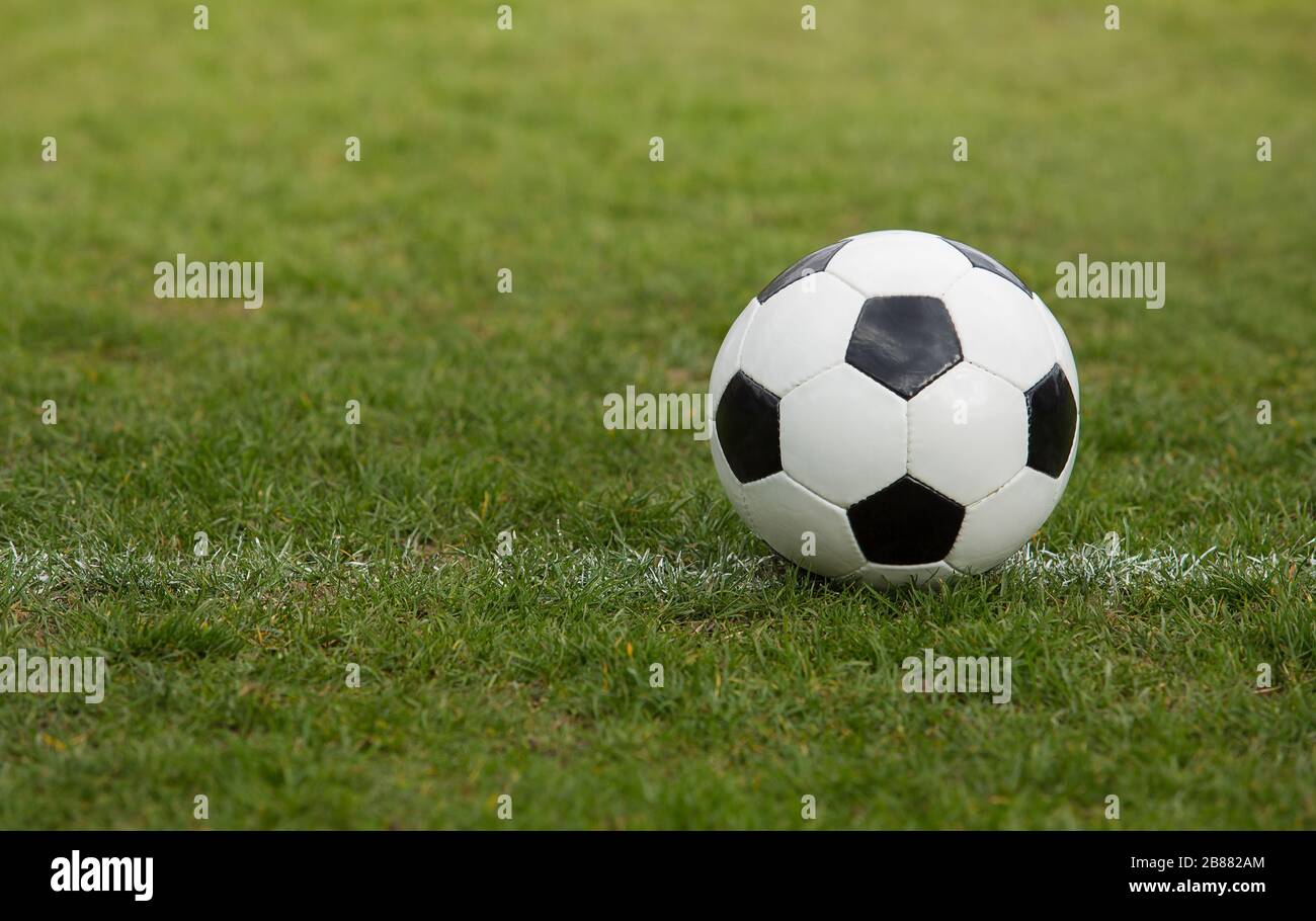 Ballon de football classique, modèle noir et blanc typique, placé sur la ligne de marquage blanche du gazon du stade. Ballon de football traditionnel sur le green gra Banque D'Images
