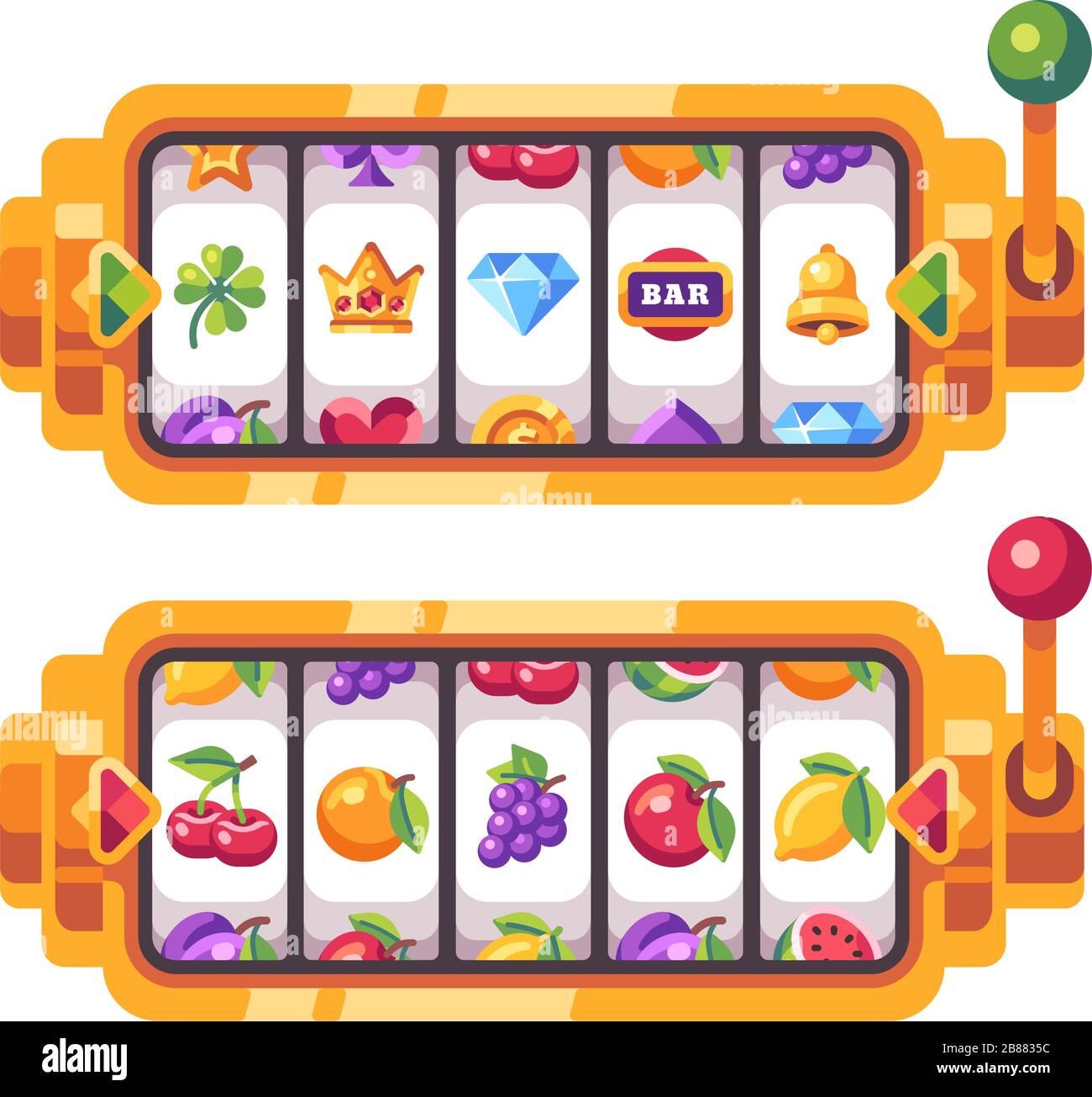 Machine à sous Golden avec symboles fruits classiques. Illustration plate du Casino. Illustration de Vecteur