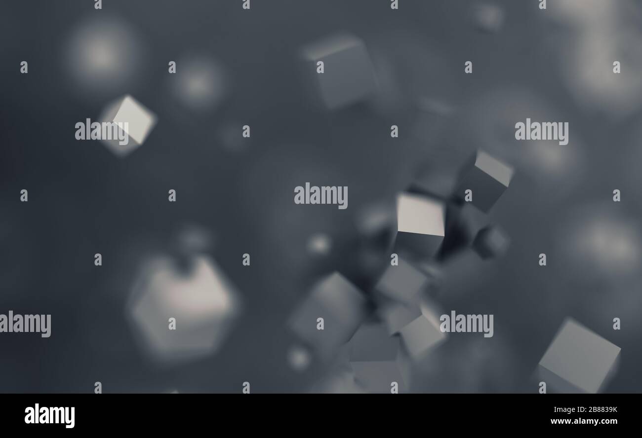 Rendu abstrait en trois dimensions de cubes chaotiques. Formes volantes dans un espace vide. Arrière-plan dynamique avec bokeh, profondeur d'effet de champ. Banque D'Images