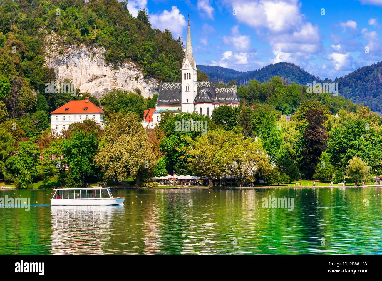 Magnifique lac Bled, vue panoramique, Slovénie. Banque D'Images