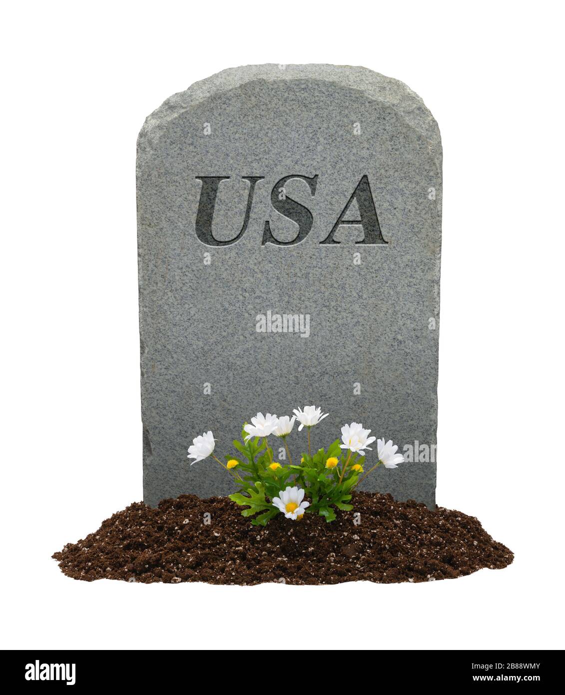 USA Headstone et fleurs isolées sur fond blanc. Banque D'Images